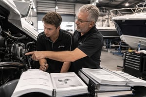 Experienced Technician helping a junior technician fix a boat