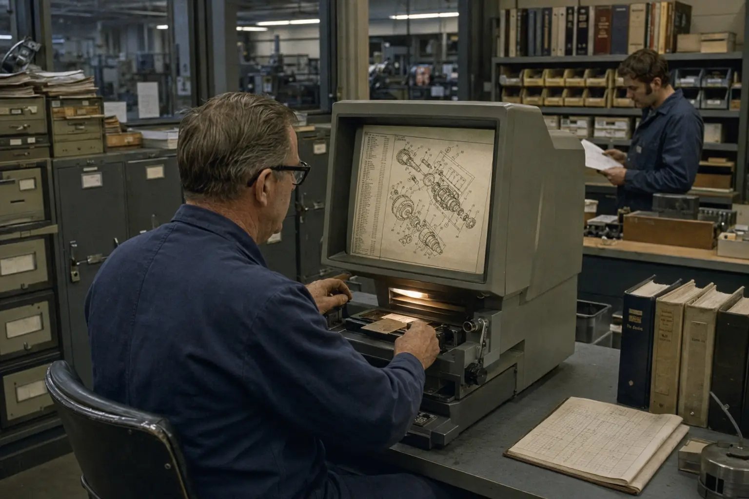 Technician using Microfiche to identify parts